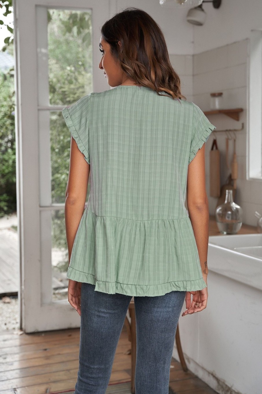 Hot Plaid Short Sleeve V Neck Buttons Ruffle Top Sage