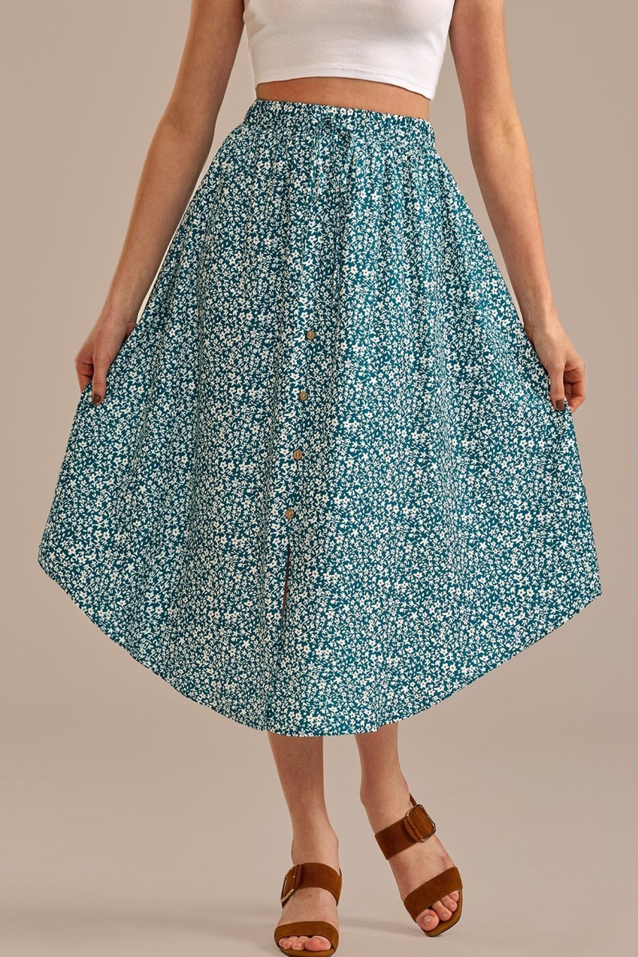 Clearance Floral Button Midi Skirt Green