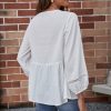 Hot 3/4 Length Sleeve V Neck Textured Peplum Blouse White