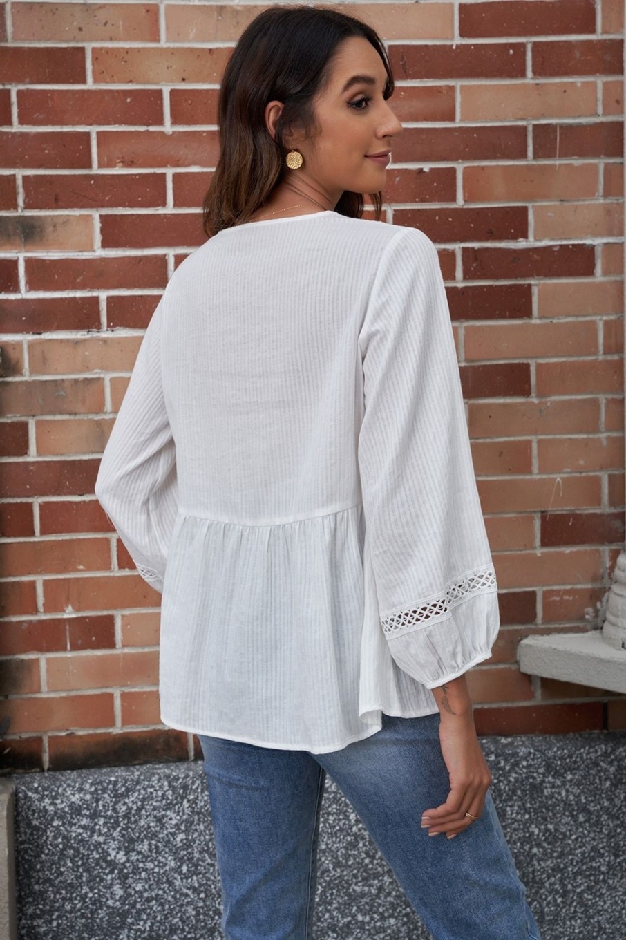 Hot 3/4 Length Sleeve V Neck Textured Peplum Blouse White