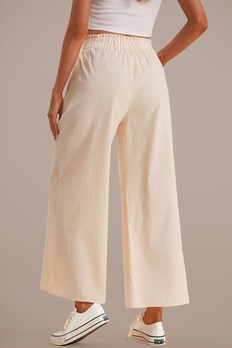 Wholesale Waist Tie Crop Wide Leg Pants Beige