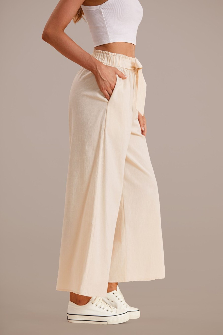 Wholesale Waist Tie Crop Wide Leg Pants Beige