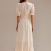 Clearance Short Sleeve V Neck Elastic Waist Split Ruffle Midi Dress Ivory