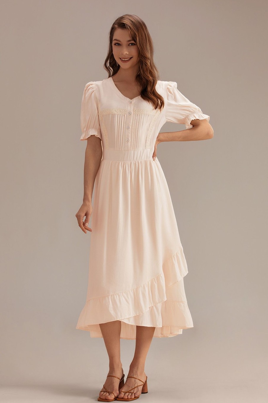 Clearance Short Sleeve V Neck Elastic Waist Split Ruffle Midi Dress Ivory