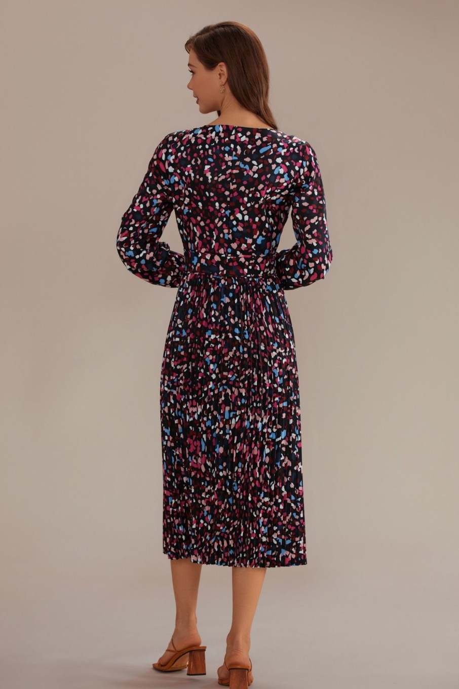 Wholesale 3/4 Sleeve Crew Neck Confetti Print Midi Dress Multi