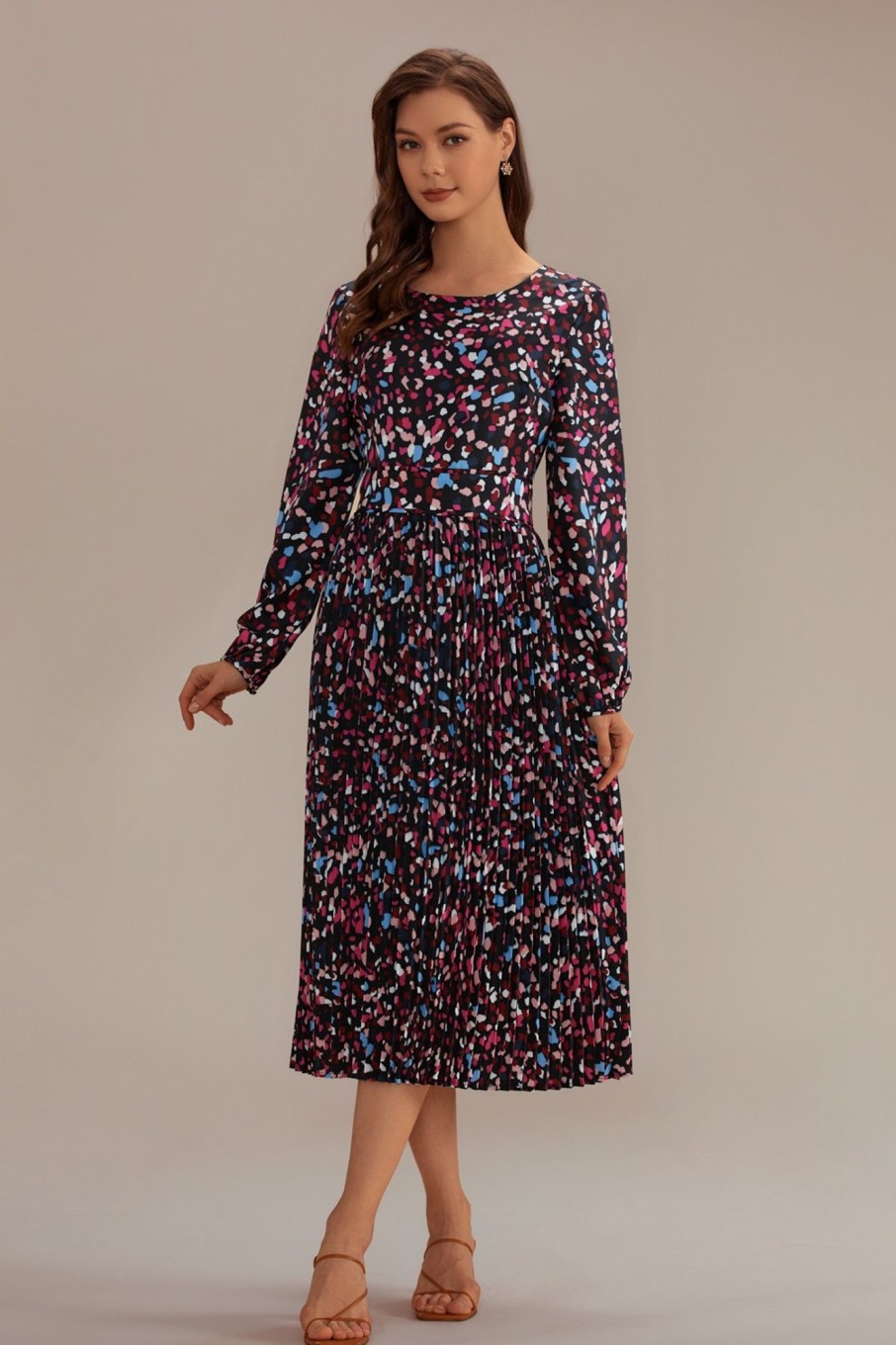 Wholesale 3/4 Sleeve Crew Neck Confetti Print Midi Dress Multi