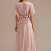 Wholesale Short Puff Sleeve V Neck Tie Waist Maxi Dress Pink