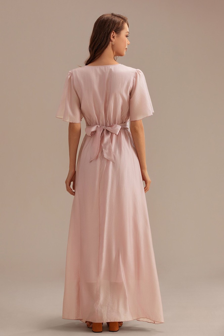 Wholesale Short Puff Sleeve V Neck Tie Waist Maxi Dress Pink