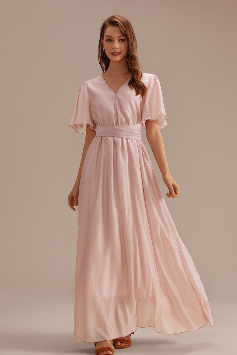 Wholesale Short Puff Sleeve V Neck Tie Waist Maxi Dress Pink