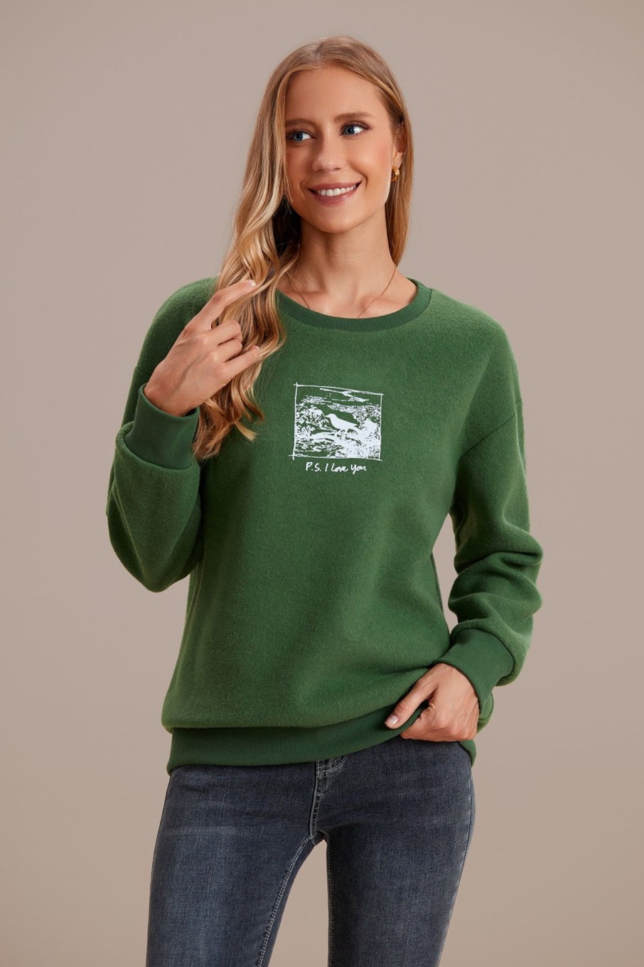 Hot Bird Pattern Long Sleeve Round Neck Sweatshirt Green