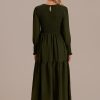 Clearance Lantern Sleeve Round Neck Smocked Maxi Dress Green