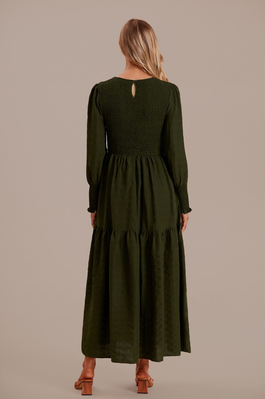 Clearance Lantern Sleeve Round Neck Smocked Maxi Dress Green