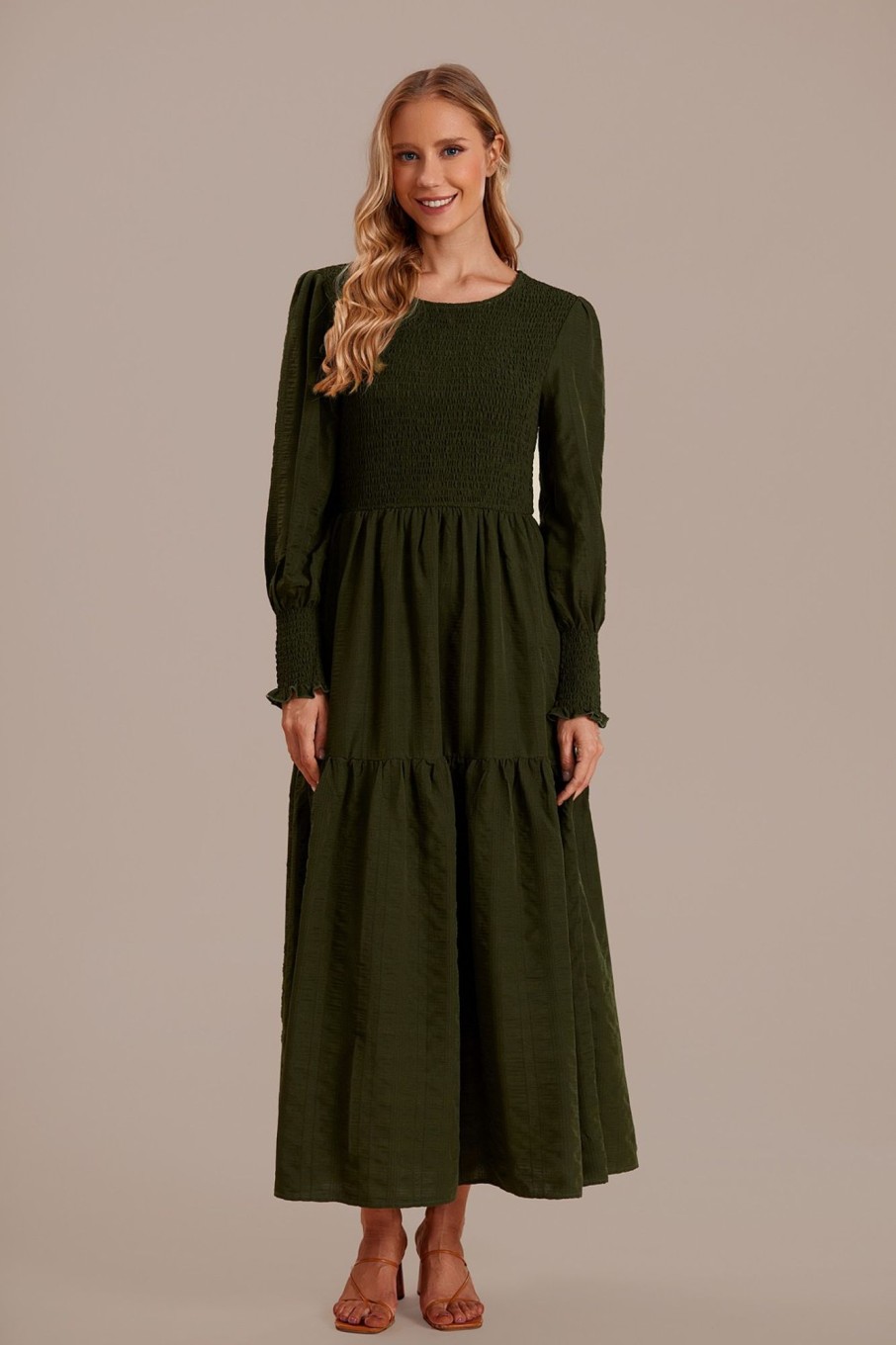 Clearance Lantern Sleeve Round Neck Smocked Maxi Dress Green