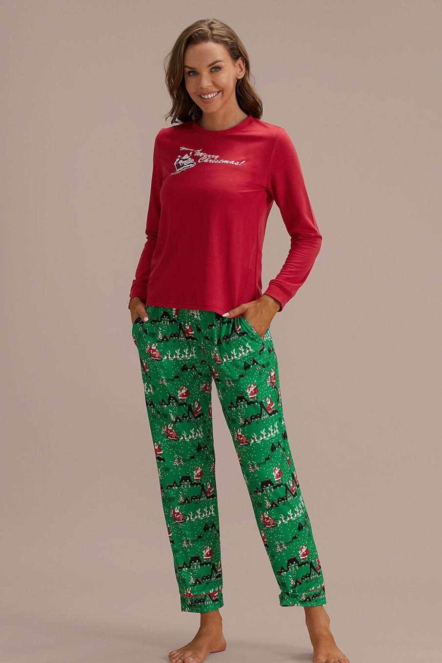 Clearance Santa'S Sleigh Print Long Sleeve Round Neck Pj Set Multi