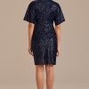 Best Sequin Half Sleeve V Neck Midi Dress Navy Blue