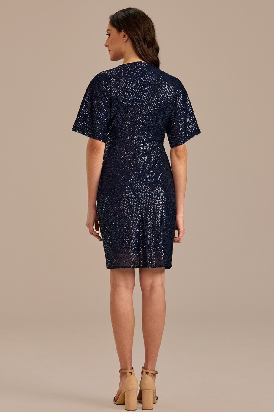 Best Sequin Half Sleeve V Neck Midi Dress Navy Blue