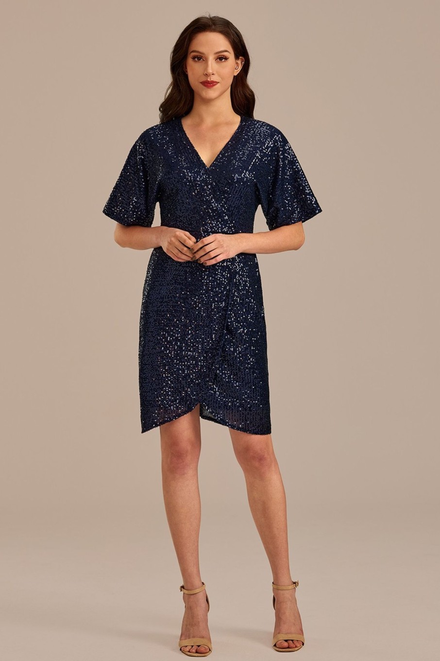 Best Sequin Half Sleeve V Neck Midi Dress Navy Blue