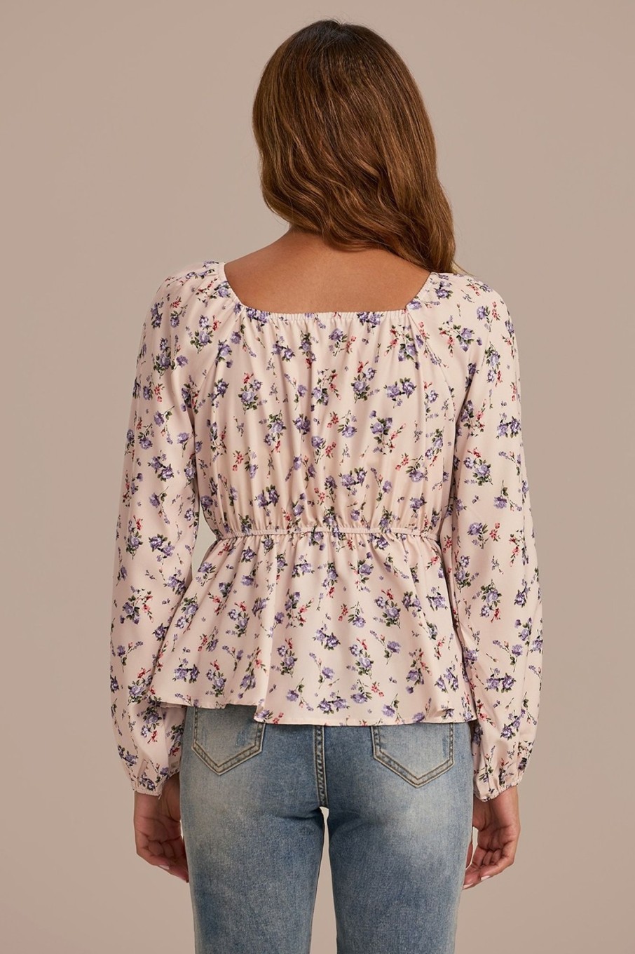 Online Long Sleeve Square Neck Shirring Ruffle Shirt Floral