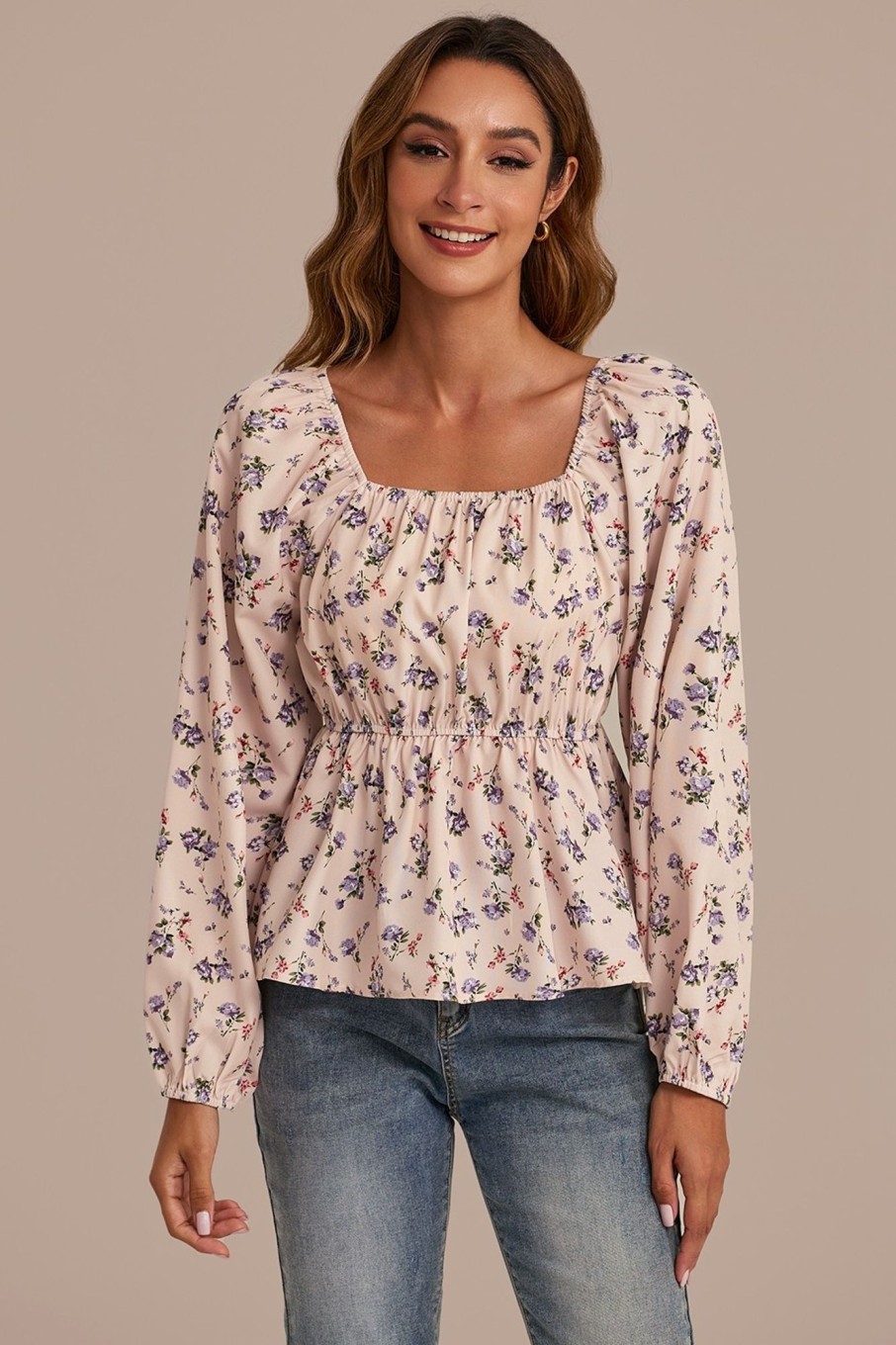 Online Long Sleeve Square Neck Shirring Ruffle Shirt Floral