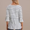 Clearance Stripe 3/4 Ruffle Sleeve Round Neck Peplum Top White