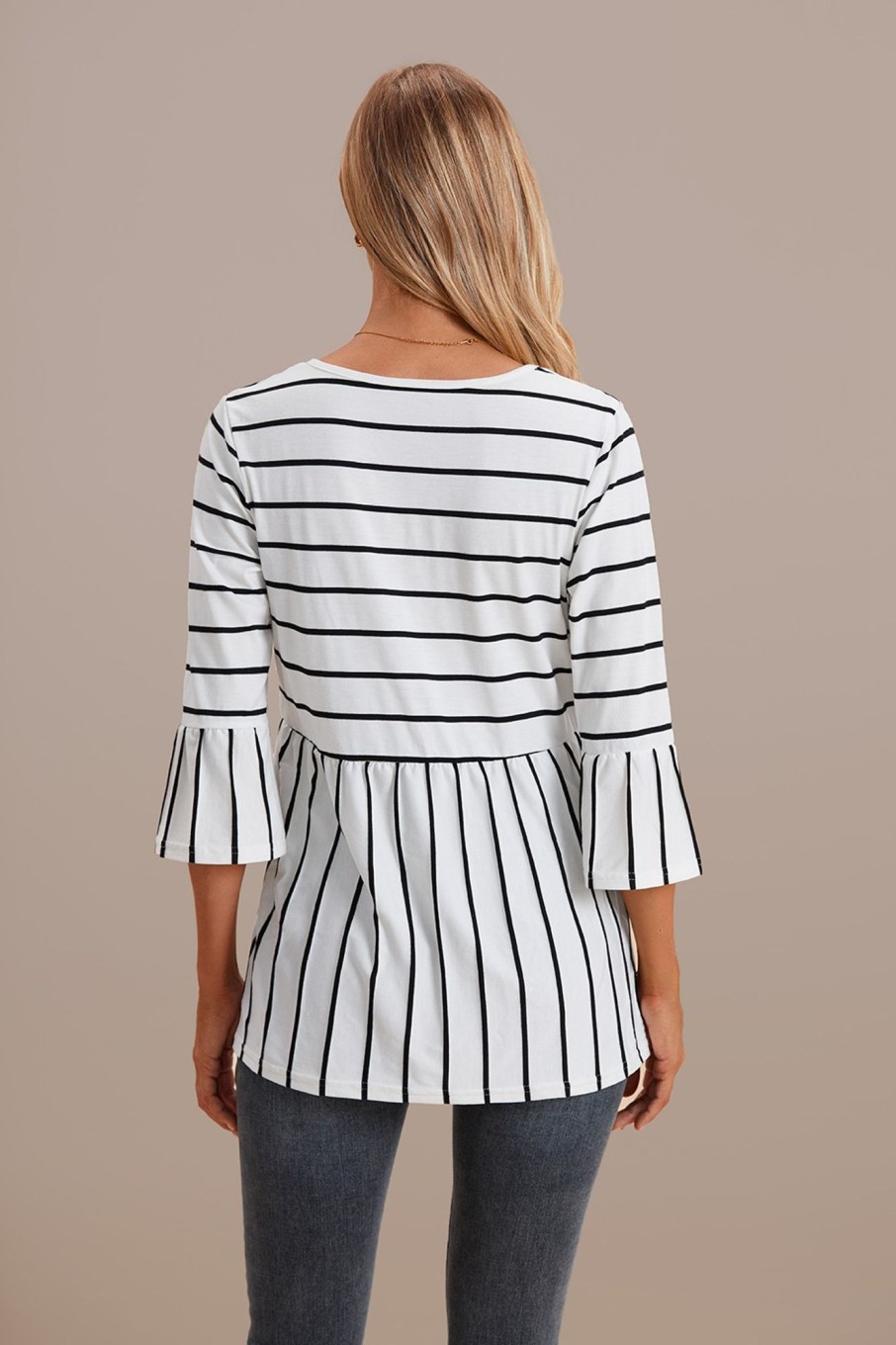 Clearance Stripe 3/4 Ruffle Sleeve Round Neck Peplum Top White