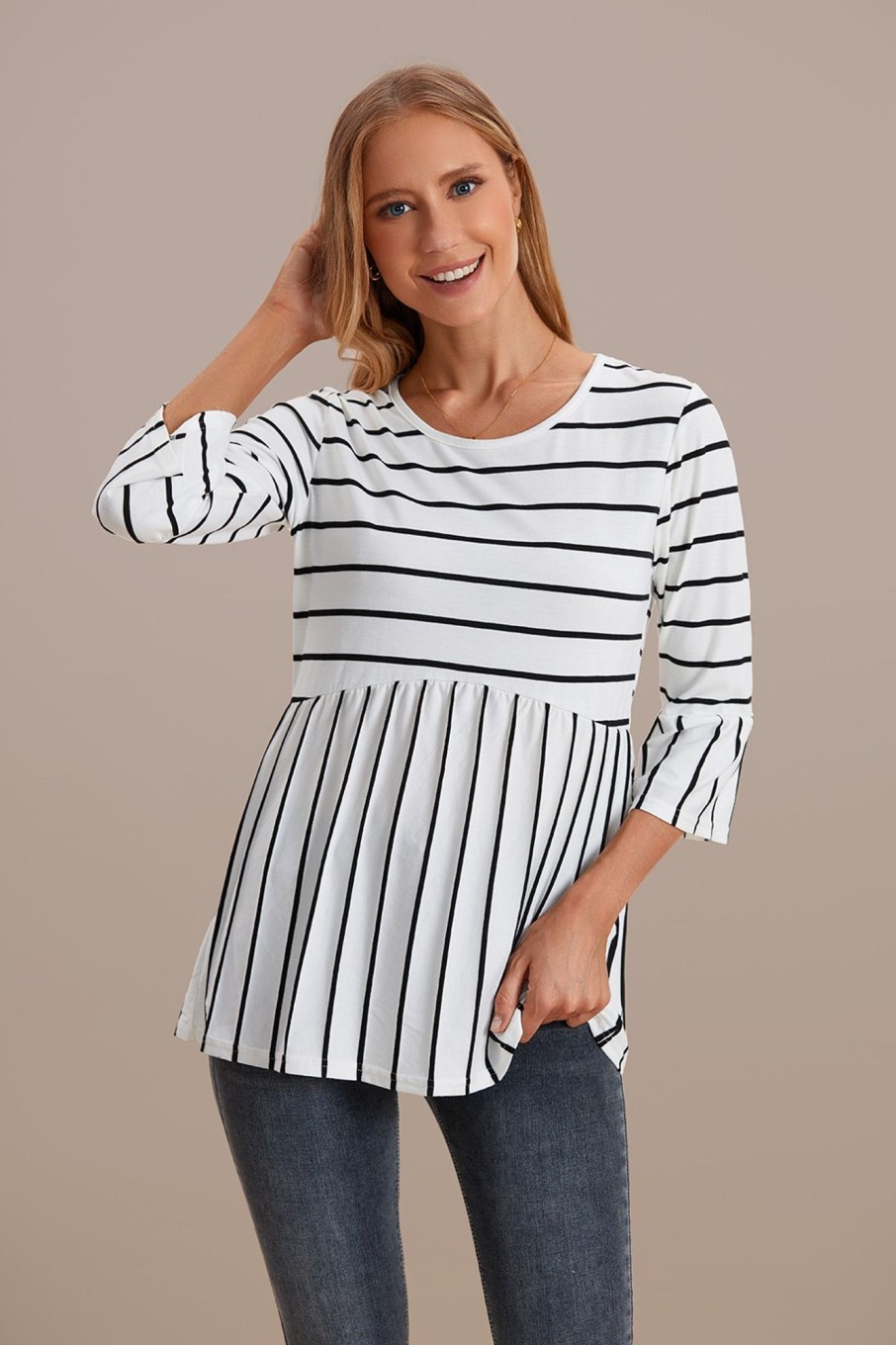 Clearance Stripe 3/4 Ruffle Sleeve Round Neck Peplum Top White