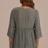 Online Solid Color Round Neck 3/4 Length Sleeve Button Up Frill Blouse Army Green