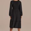 Best Long Sleeve V Neck Smocked Tiered Midi Dress Black