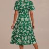 Clearance Floral Short Sleeve Round Neck Midi Dress Green