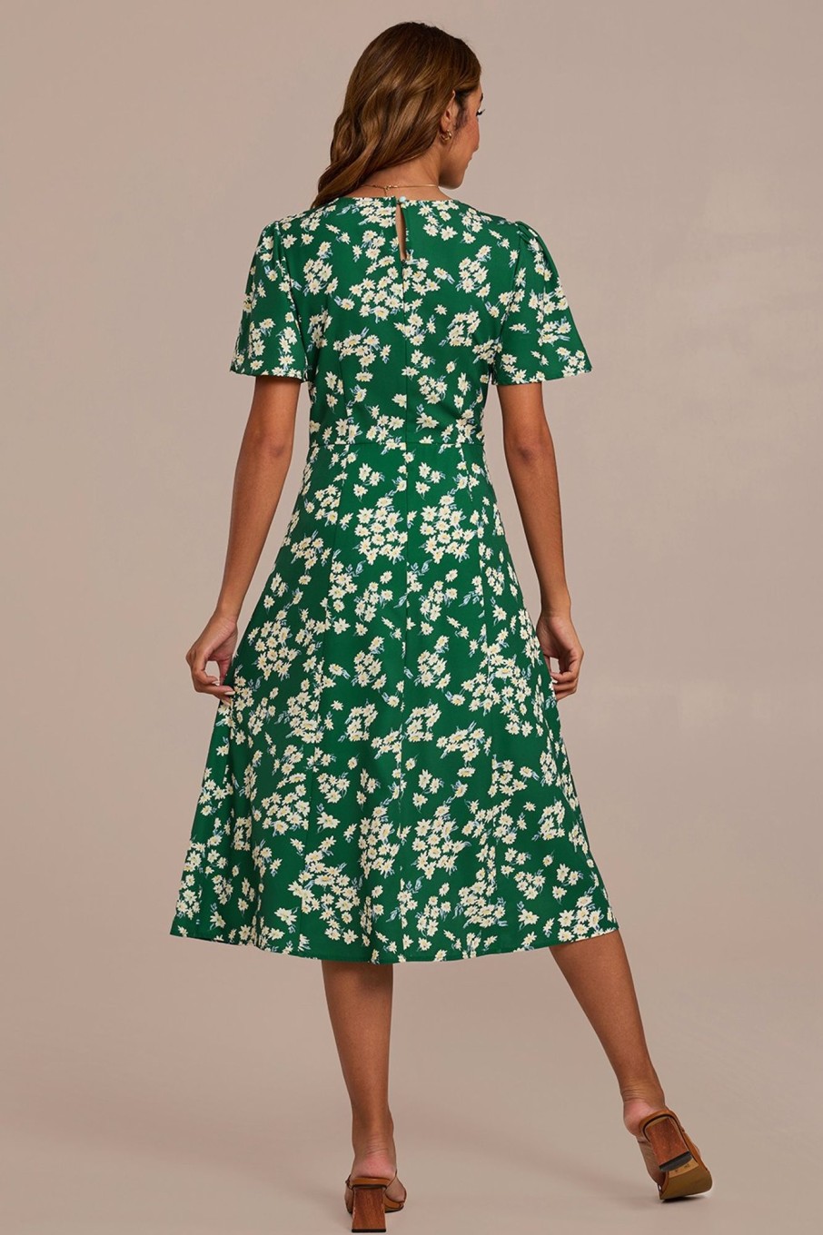 Clearance Floral Short Sleeve Round Neck Midi Dress Green