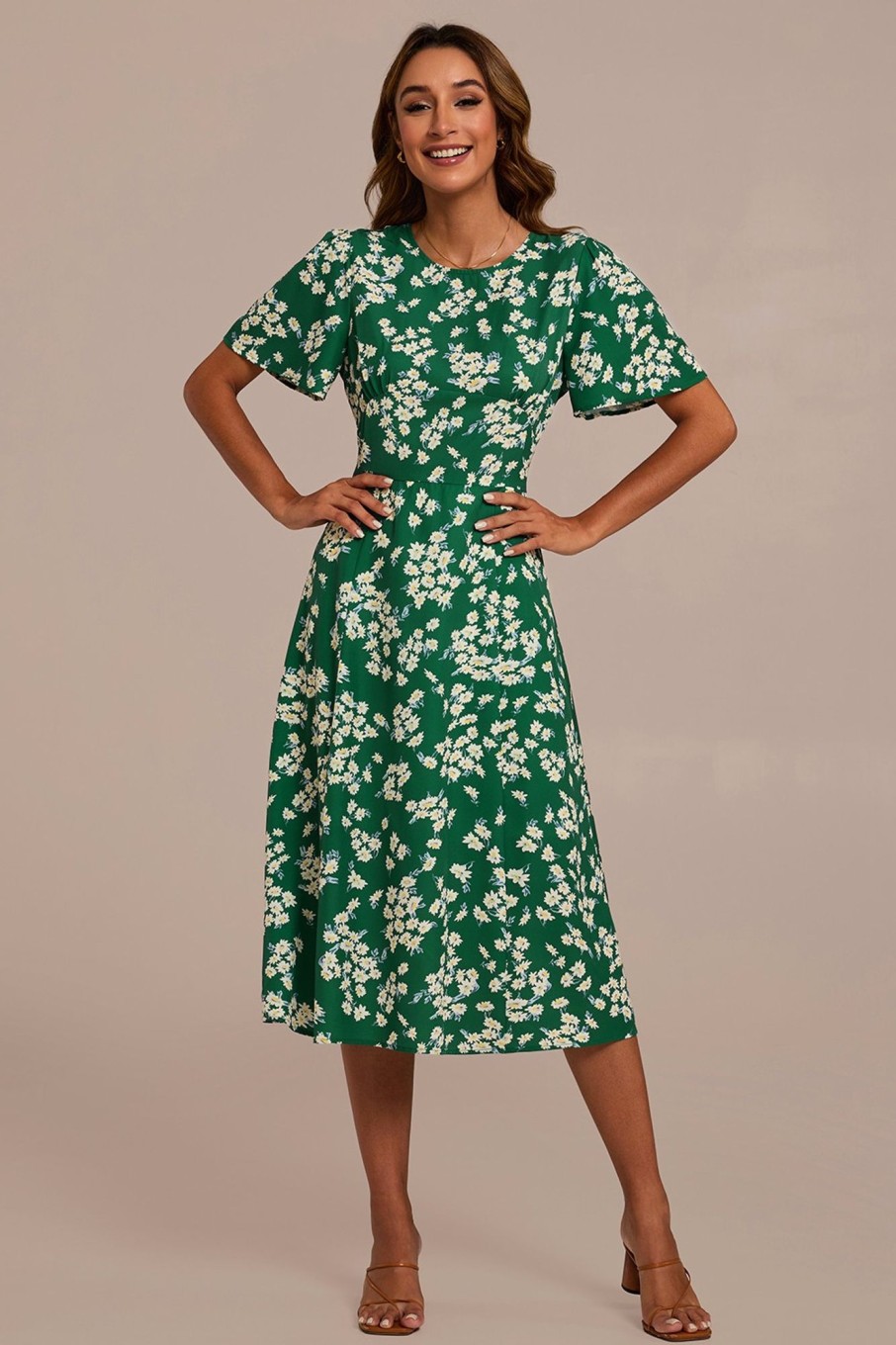 Clearance Floral Short Sleeve Round Neck Midi Dress Green