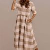 Clearance Half Sleeve Round Neck Gathered Waist Plaid Maxi Dress With Pocket Taupe