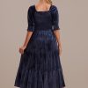 New Velvet Short Sleeve Square Neck Smocked Maxi Dress Blue