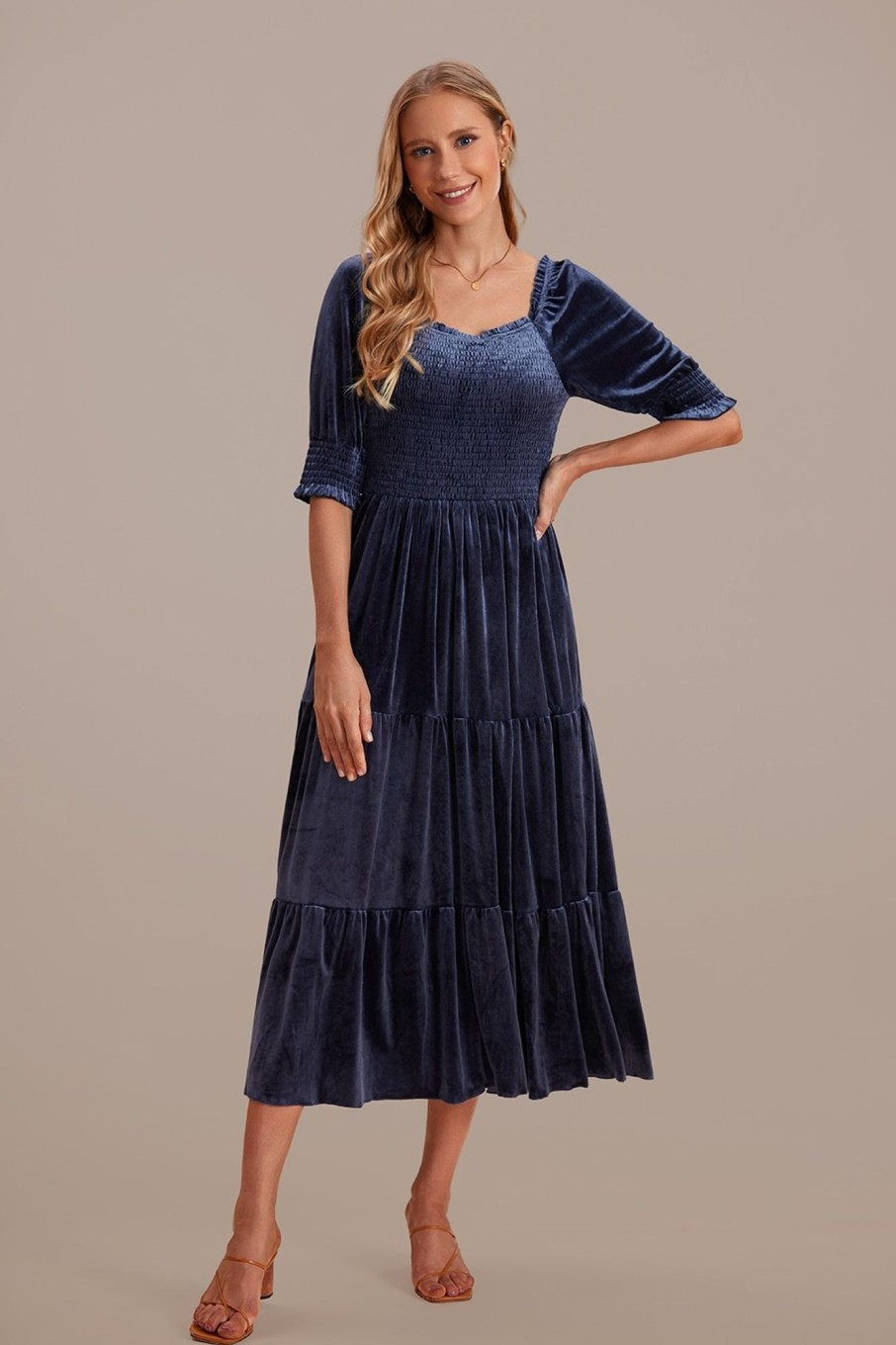 New Velvet Short Sleeve Square Neck Smocked Maxi Dress Blue