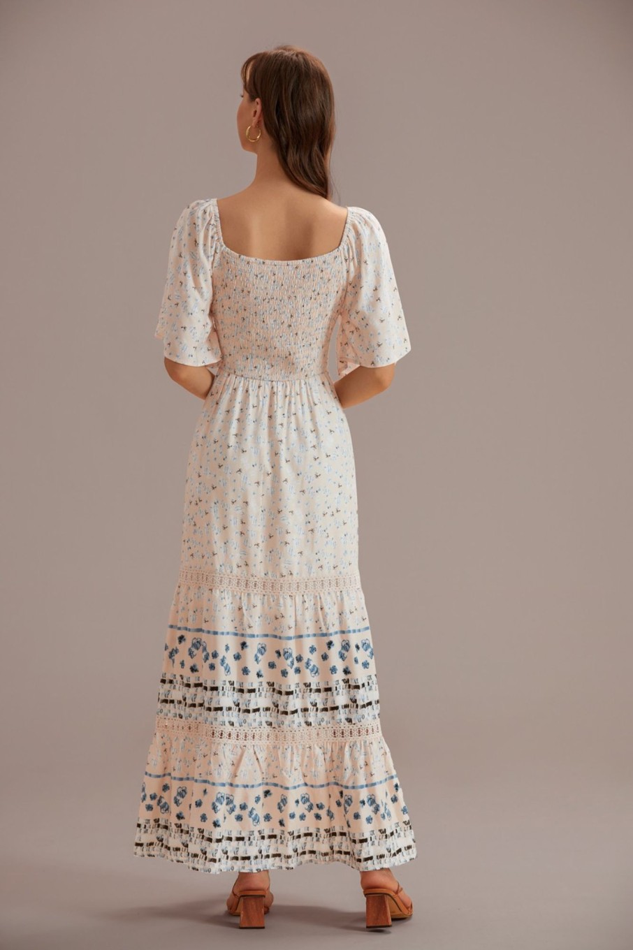 Online Floral Short Sleeve V Neck Smocked Tiered Maxi Dress Multi