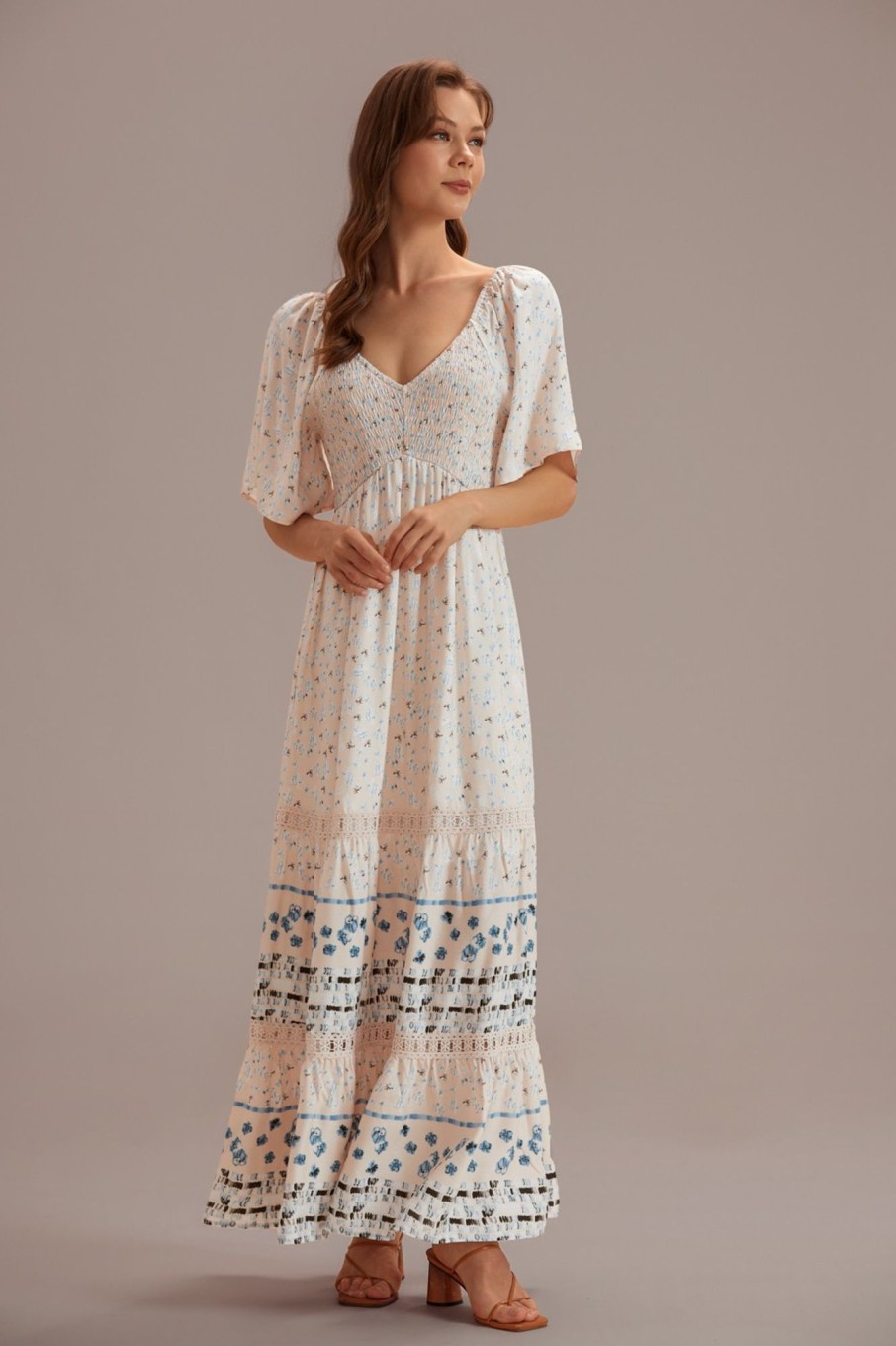 Online Floral Short Sleeve V Neck Smocked Tiered Maxi Dress Multi